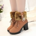 thumbnail image 1 of Fesfesfes Fuzzy Boots Women Shoes Round Toe Solid Color Lace-up Side Zip Fashion High Heels Winter Plush Warm 6(37), 1 of 5