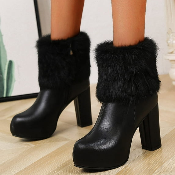 Fesfesfes Fuzzy Boots Women Warm Solid Retro Zipper High Heel Round Toe Heel Boots Shoes 7.5(40)