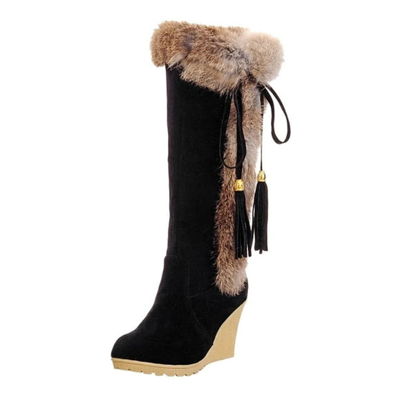 Fesfesfes Fuzzy Boots for Women Bandage Slope Heel Casual Warm Middle Tube Boots Shoes US:7.5(40)