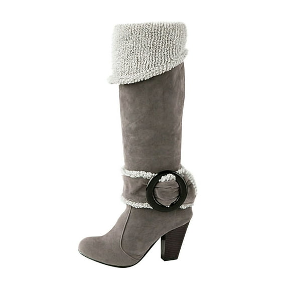 Fesfesfes Fuzzy Boots for Women Comfortable Flap Warm Velvet Belt Buckle Round Thick With High Heeled Knee US:5.5(36)