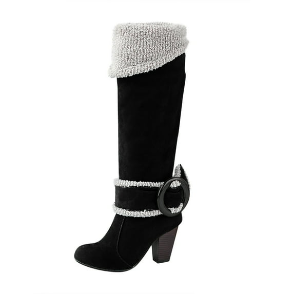 Fesfesfes Fuzzy Boots for Women Comfortable Flap Warm Velvet Belt Buckle Round Thick With High Heeled Knee US:8.5(41)