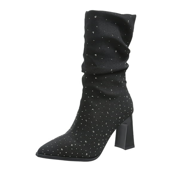 Fesfesfes Fuzzy Boots for Women Fashion Solid Rhinestone Boots Pointed High Heeled Boots Shoes US:5.5(36)