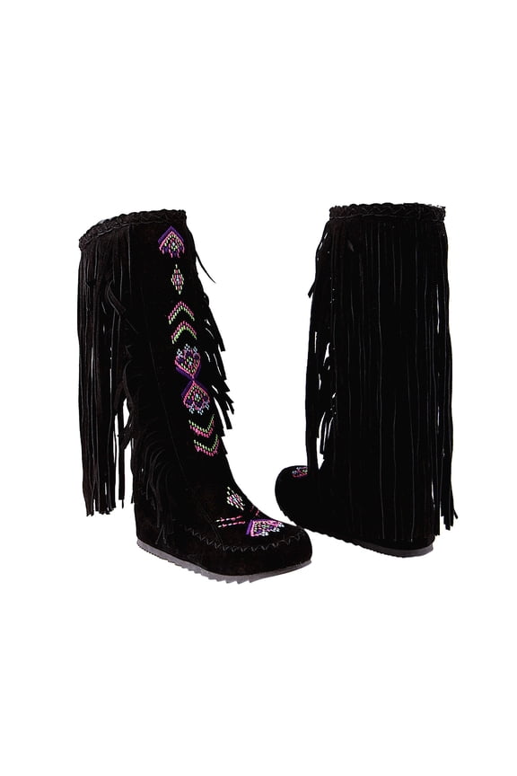 Tall Boots For Teen Girls Plus Size Fall Winter Ethnic Style Retro Tassel Inner Sloping Heel Flat High Warm Plush Boots US:8.5(41)