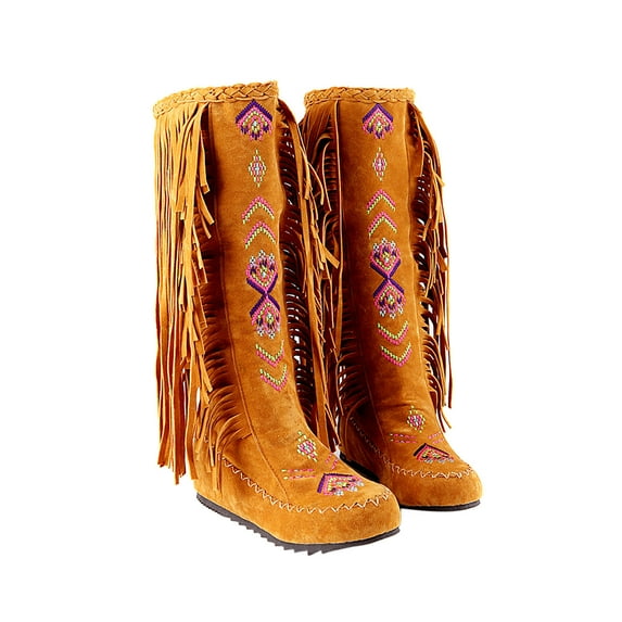 Fesfesfes Fuzzy Boots for Women Plus Size Ethnic Style Retro Tassel Flannelette Lining Mid-heel Inner Sloping Heel Flat High Boots US:9.5(43)