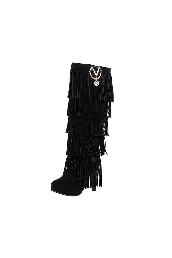Fuzzy Boots for Women Shoes Retro Solid Color Ethnic Style Suede Fringed Metal Decoration Female High US:5(35)