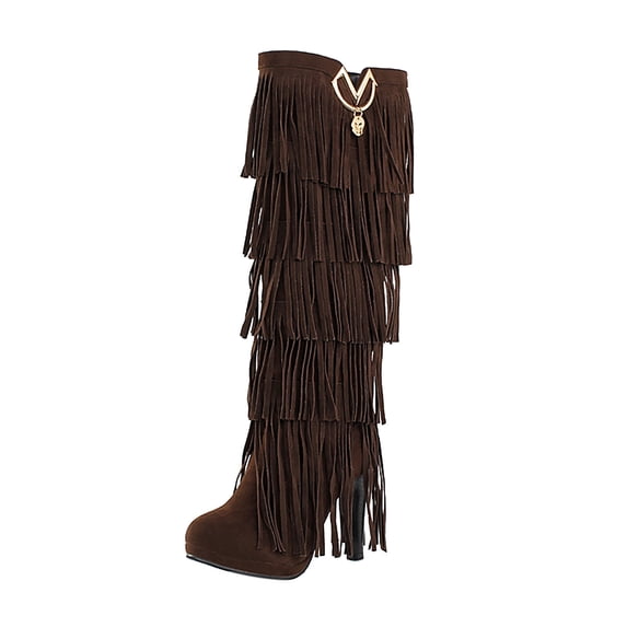 Fesfesfes Fuzzy Boots for Women Shoes Retro Solid Color Ethnic Style Suede Fringed Metal Decoration Female High US:8.5(41)