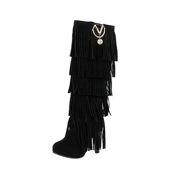Fesfesfes Fuzzy Boots for Women Shoes Retro Solid Color Ethnic Style Suede Fringed Metal Decoration Female High US:9.5(43)