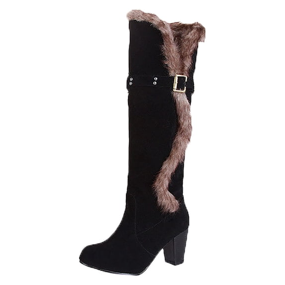 Fesfesfes Fuzzy Boots for Women Shoes Solid Color High Heel Casual Warm Winter Knee High Boots US:4.5(35)