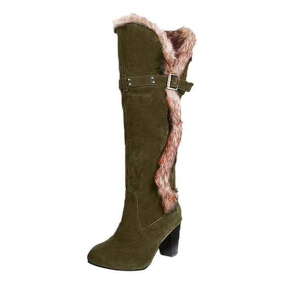 Fesfesfes Fuzzy Boots for Women Shoes Solid Color High Heel Casual Warm Winter Knee High Boots US:7.5(40)