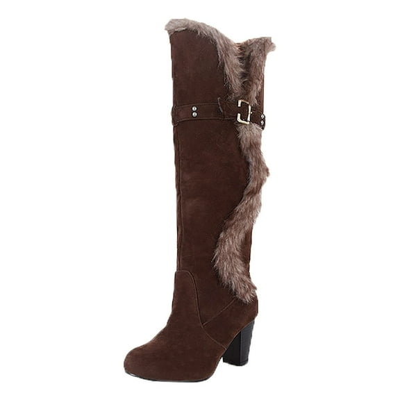 Fesfesfes Fuzzy Boots for Women Shoes Solid Color High Heel Casual Warm Winter Knee High Boots US:9.5(43)