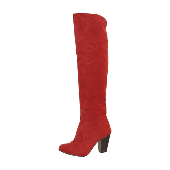 Fesfesfes Fuzzy Boots for Women Slip-on High Heels Solid Color Winter Warm Knee High Round Toe Suede US:8.5(41)