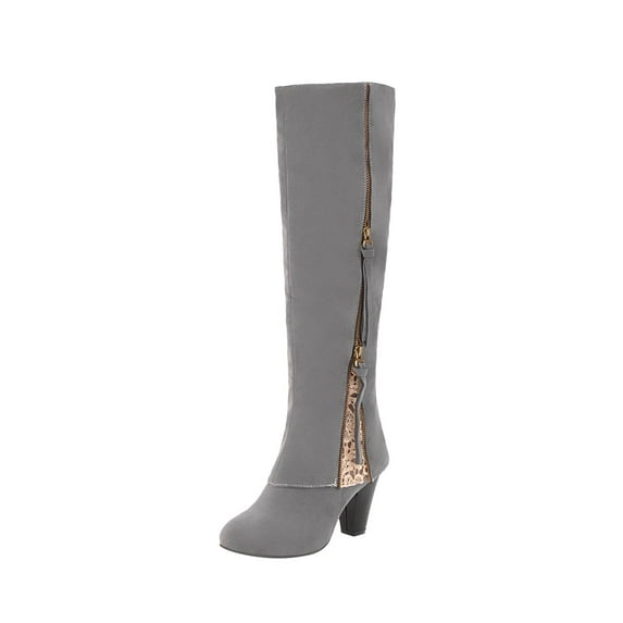 Fesfesfes Fuzzy Boots for Women Winter High Heel Knee-high Zip Pointed Toe Shoes Fleece Vamp Female US:7.5(40)
