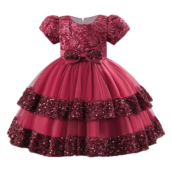 Fesfesfes Girl's Embroidered Sequin Bow Dress Short Sleeve Round Neck A-Line Party Dress for Kids,Summer Casual Breathable Playwear,Cute Princess Style Children's Fashion Outfit(Wine,12-24 Months)