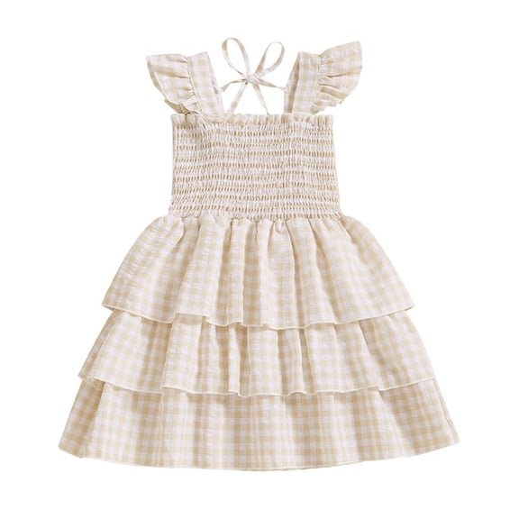 Fesfesfes Girl's Floral Dress Stretchy Sleeveless Tiered Dresses Princess Dress,Cute Knee-Length A-Line Sundress for Casual Wear and Birthday Parties(Beige#2,2 Years)