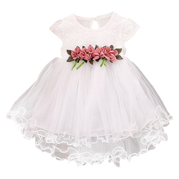 Fesfesfes Girl's Flower Patchwork Pleated Dress Short Sleeve Formal Princess Style Dress,Children's Fashion Mesh Party Outfit,Elegant Knee-Length Holiday Wear(White,6-12 Months)