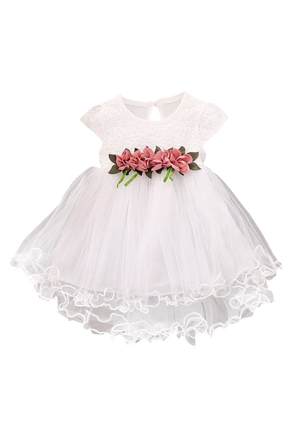 Girl's Flower Patchwork Pleated Dress Short Sleeve Formal Princess Style Dress,Children's Fashion Mesh Party Outfit,Elegant Knee-Length Holiday Wear(White,6-12 Months)