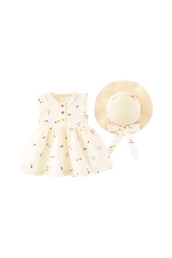 Girl's Flower Print Ruffle Dress and Hat Set Sleeveless Sweet Summer Clothes for Toddler Kids,Cute Princess Style Dress with Matching Accessories,Breathable Casual Outfit(Beige,3 Years)
