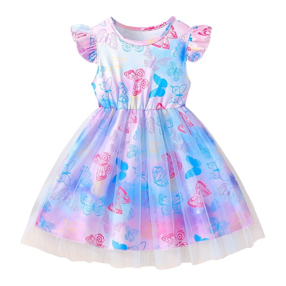 Fesfesfes Girl's Flutterby Printed Mesh Dress Off Shoulder Short Sleeve Round Neck Party Dress,Cute Summer Sundress for Kids, Fashion Printed Breathable Playwear Outfit(Light Blue#1,3-4 Years)
