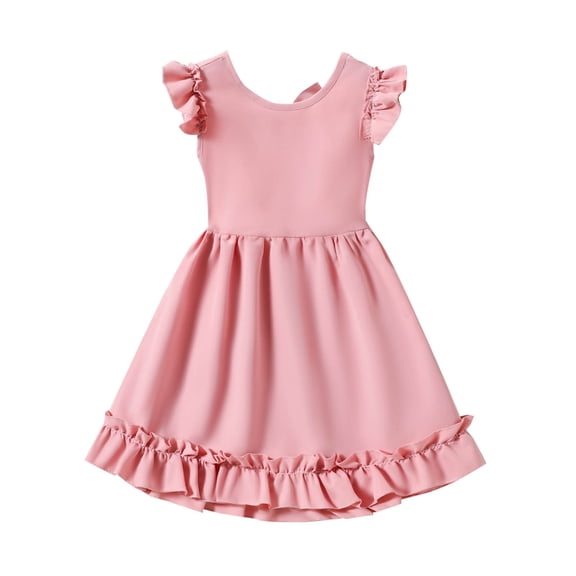 Fesfesfes Girl's Lightweight Summer Dress Solid Color Flying Sleeve Round Neck Dresses ,Breathable Cute Casual Holiday Outfit, Princess Style Maxi Dress(Pink,2 Years)