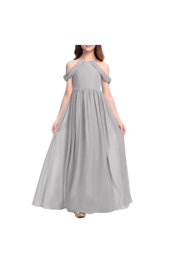 Girl's Long Maxi Performance Dress Solid Color Breathable A-Line Dresses for Kids,Elegant Casual Holiday Dress,Princess Style Flared Dress(Silver,8-9 Years)