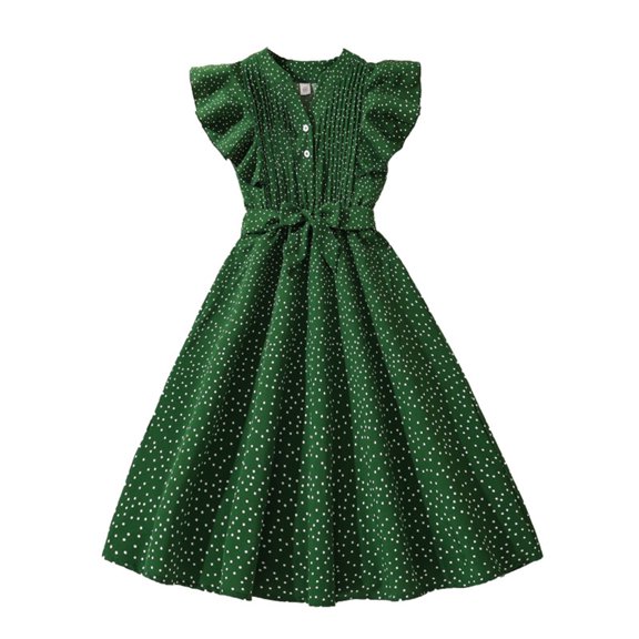 Fesfesfes Girl's Princess Ruffle Dress Spring Summer Short Sleeve Round Neck Dresses , Cute Casual Party Dress,Fashion Tea-Length Flared Outfit(Green,11 Years)