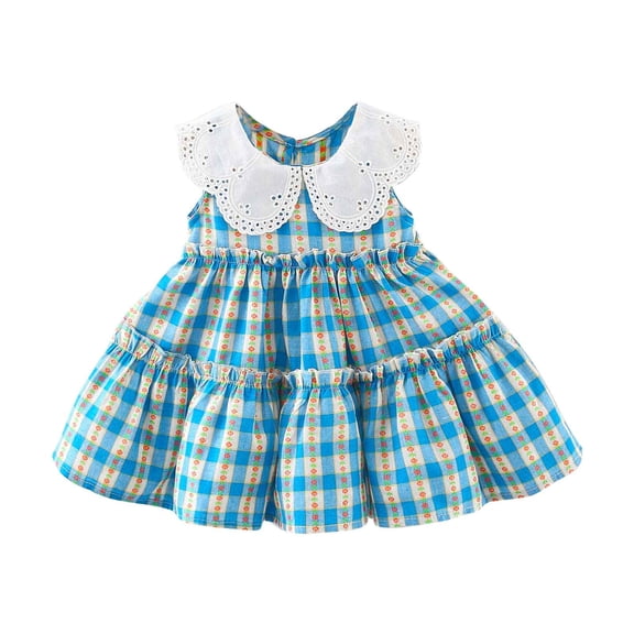 Fesfesfes Girl's Sleeveless Lattice Print Ruffle Dress Cute A-Line Summer Sundress with Sweet Lace,Breathable Casual Playwear Dresses for Toddler Kids Baby Girls,Princess Style Outfit(Blue,18 Months)