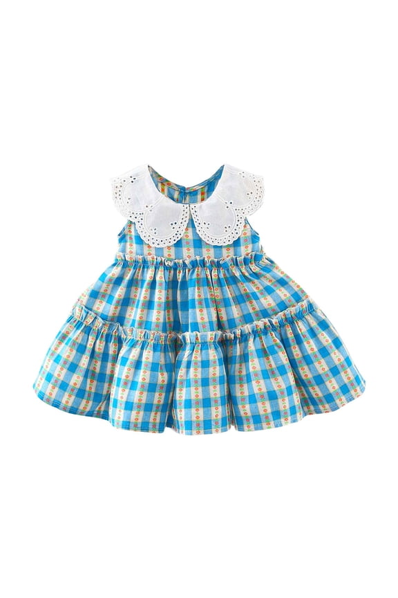 Girl's Sleeveless Lattice Print Ruffle Dress Cute A-Line Summer Sundress with Sweet Lace,Breathable Casual Playwear Dresses for Toddler Kids Baby Girls,Princess Style Outfit(Blue,18 Months)