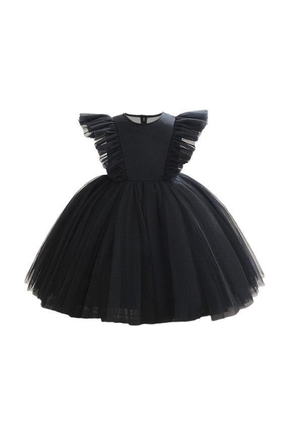 Girl's Sleeveless Mesh Dress Solid Color Flying Sleeve Round Neck Party Dress,Fashion Breathable Summer Clothes,Cute Princess Style Outfit(Black,5-6 Years)