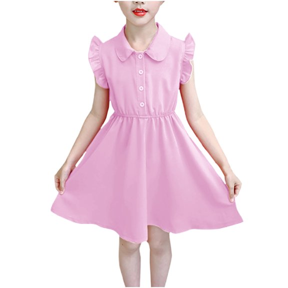 Fesfesfes Girl's Solid Color Flying Sleeve Collar Dress Fashionable Short Sleeve Button Front Dress, Lightweight Summer Casual Holiday Outfit,Cute School and Playwear Dresses(Pink,12-14 Years)