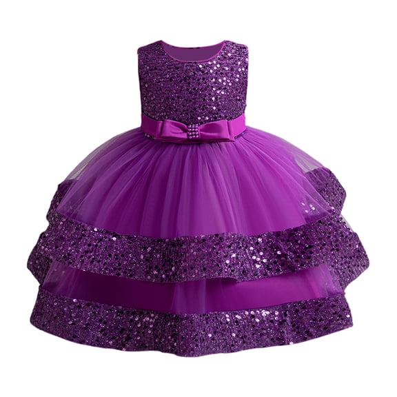 Fesfesfes Girl's Sparkling Bow Mesh Dress Sleeveless Round Neck Splicing Party Dress,Fashionable Summer Clothes for Kids,Cute Princess Style Lightweight Playwear(Purple,4-5 Years)