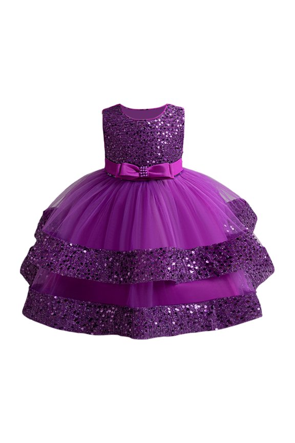 Girl's Sparkling Bow Mesh Dress Sleeveless Round Neck Splicing Party Dress,Fashionable Summer Clothes for Kids,Cute Princess Style Lightweight Playwear(Purple,4-5 Years)