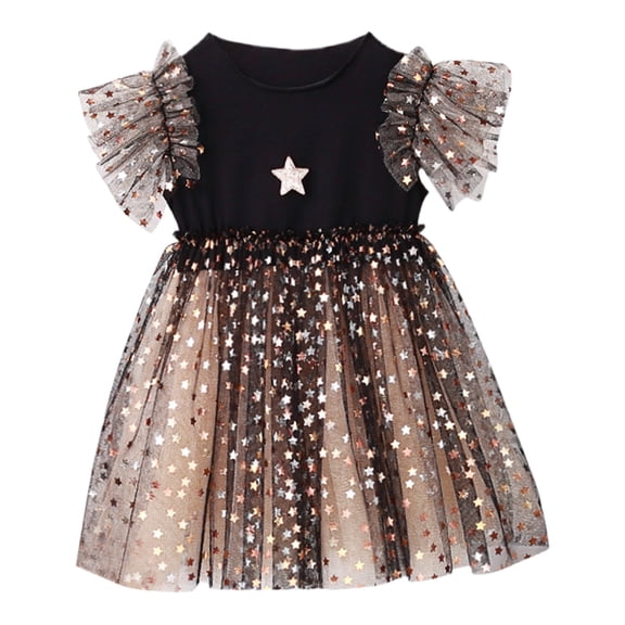 Fesfesfes Girl's Star Glitter Mesh Dress Short Sleeve Round Neck Party Dress with Flying Sleeves,Fashionable Summer Clothes for Kids,Sparkly Princess Style Holiday Outfit(Black,4-5 Years)