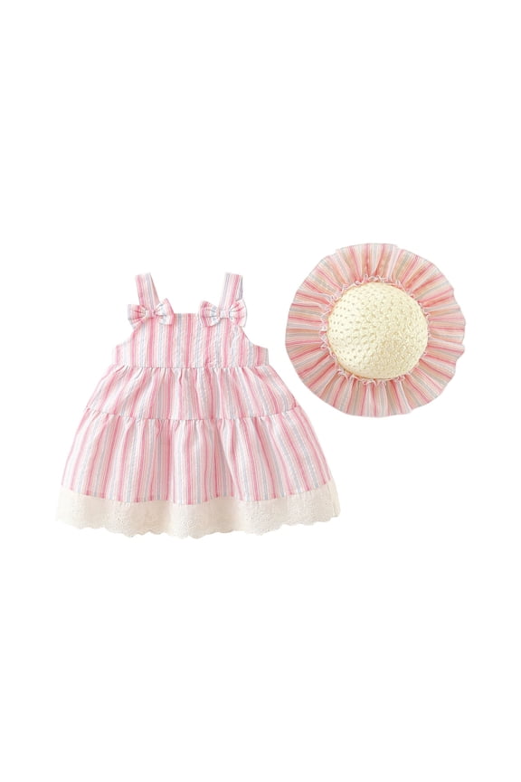 Girl's Stripe Print Lace Dress and Hat Set Sleeveless Sweet Summer Outfits for Toddler Kids,Cute Matching Accessories with Breathable Fabric,Casual and Party Wear(Pink,6 Months)