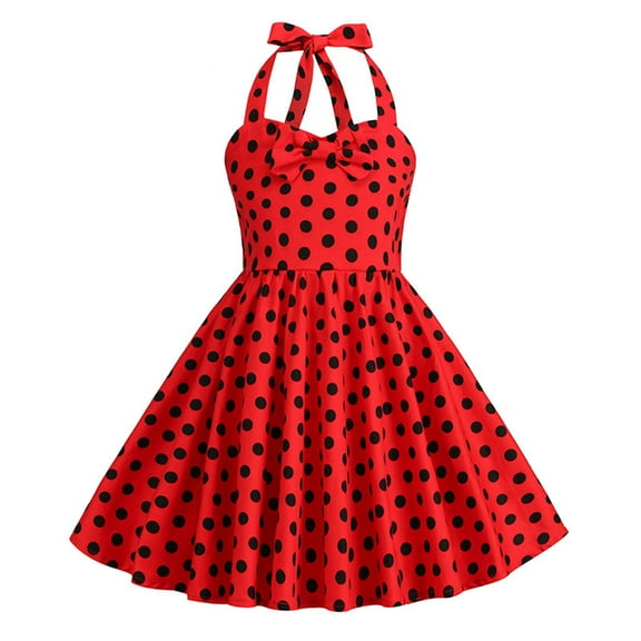Fesfesfes Girl's Summer Polka Spliced Dress 3-8 Years Neck Hanging Waist Design for Stylish and Relaxed Outfits Kids Sleeveless Round-Neck Dress(Red#1,5-6 Years)