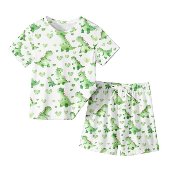 Fesfesfes Girls 2 Piece Outfits Girls And Boys Loungwear Casual Short Sleeve Tops Round Neck Sets Printed Shorts Sets