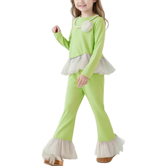 Fesfesfes Girls 2 Piece Set Long Sleeve Round Neck Ruffle Top Flared Pants Casual Outfit Holiday Party Wear Kids Fashion Toddler Girl Clothes Childrens Matching Set(Green,2-3 Years)
