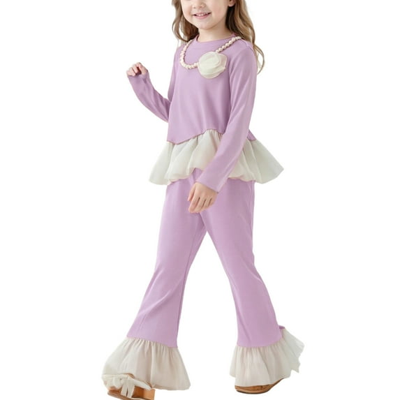 Fesfesfes Girls 2 Piece Set Long Sleeve Round Neck Ruffle Top Flared Pants Casual Outfit Holiday Party Wear Kids Fashion Toddler Girl Clothes Childrens Matching Set(Purple,3-4 Years)