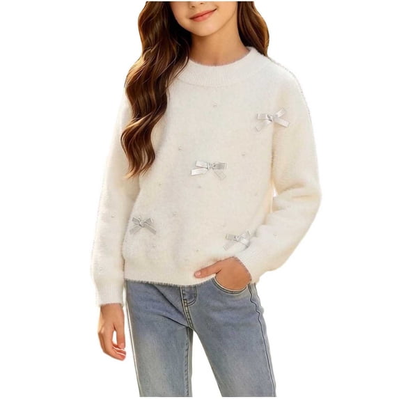Fesfesfes Girls Bow Detail Crewneck Sweater Long Sleeve Pullover Top, Cute Winter Warm Casual Outwear for Kids School Daily Wear Ages 3-15 Years