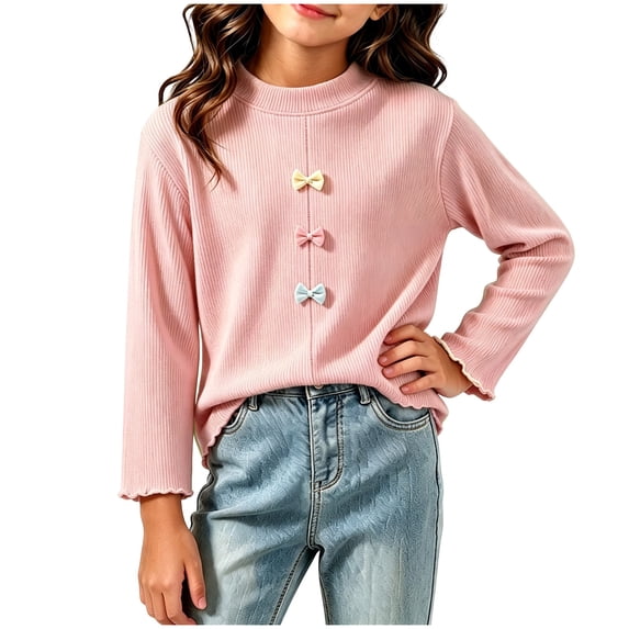 Fesfesfes Girls Bow Detail Long Sleeve Top Ruffled Trim Crew Neck Pullover Shirt, Cute Knit Casual Tee for Toddler Kids Ages 0-10 Years