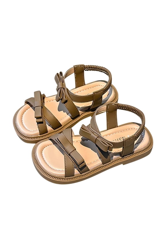 Girls Bowknot Princess Sandals Party Dance Shoes with Cute Open Toe Lightweight Soft Sole for Casual Beach and Holiday Wear(Brown,7 Years)