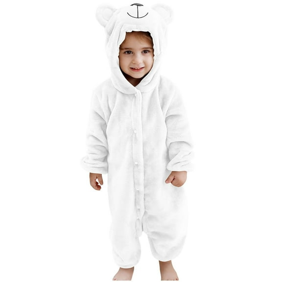 Fesfesfes Girls Boys Long Sleeve Hooded Bear Jumpsuit Warm Winter Romper Homewear Soft Fleece Outfit Cozy Playwear Toddler Kids Baby Cute Clothes Holiday Birthday(White,1-2 Years)