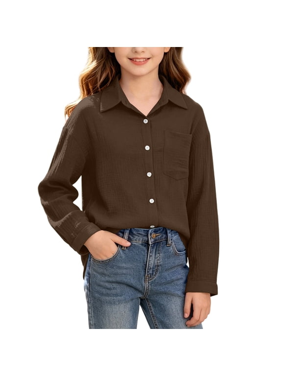 Girls Boys Unisex Long Sleeve Button Down Shirt with Front Pocket Casual Solid Color Collared Top for School Play and Daily Wear Kids Ages 3-14 Years
