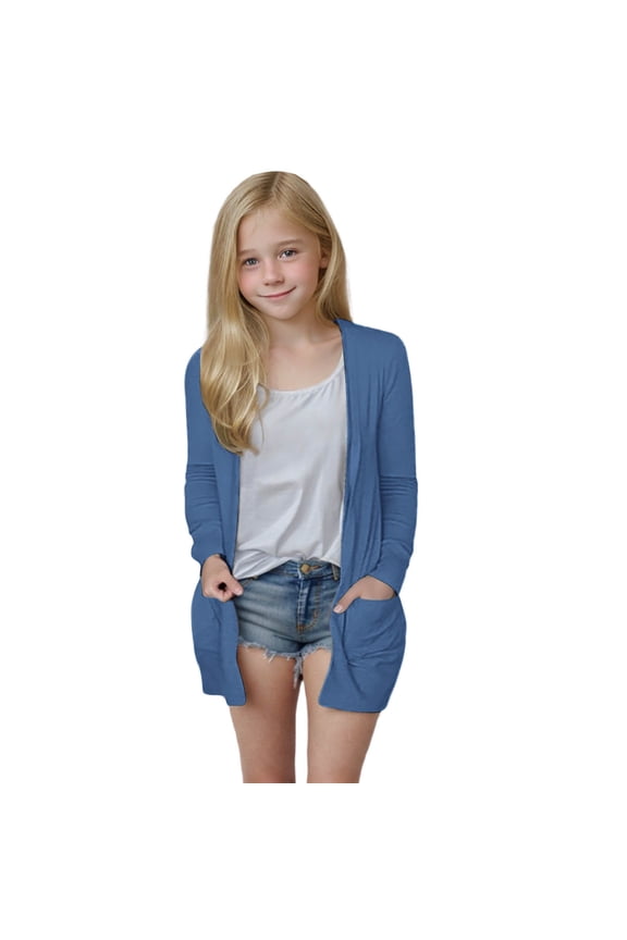 Girls Cardigan Long Sleeve Open Front Knit Sweater With Pockets Casual Outerwear Top for Kids and Teens Cozy Fall Winter Fashion Layering Piece(Blue#1,5 Years)