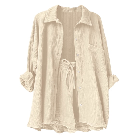 Fesfesfes Girls Casual Long Sleeve Button Down Shirt with Pocket and Shorts Set Casual Comfortable Two Piece Outfit for Kids 3-14Years Fashion Clothes