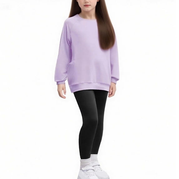 Fesfesfes Girls Casual Long Sleeve Top and Pants Set Solid Color Pocket 2 Piece Outfit for Fall Winter Season Comfortable Everyday Wear Holiday Photo Outfit(Purple,11 Years)