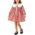 thumbnail image 1 of Fesfesfes Girls Checkered A-Line Dress Long Sleeve Ruffle Collar Bow Tie Bubble Sleeve Button Down Casual Outfit for Spring Fall Outings Ages 1-8 Years, 1 of 7