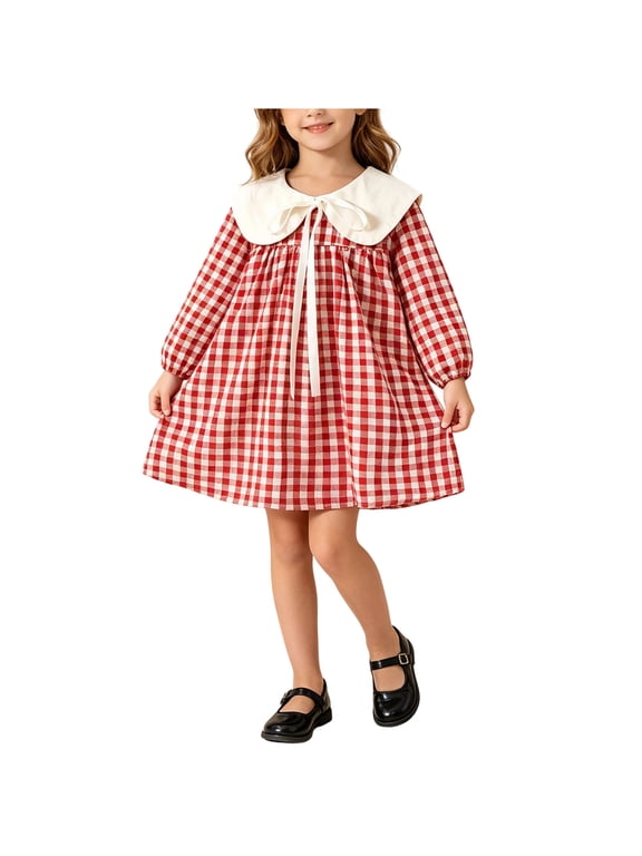 Girls Checkered A-Line Dress Long Sleeve Ruffle Collar Bow Tie Bubble Sleeve Button Down Casual Outfit for Spring Fall Outings Ages 1-8 Years