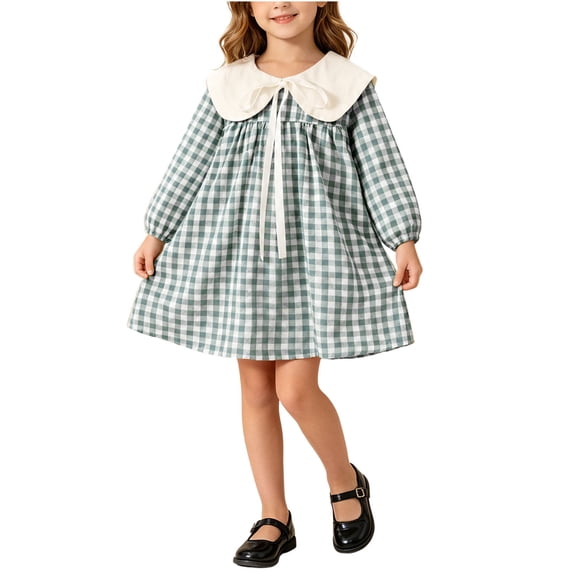 Fesfesfes Girls Checkered A-Line Dress Long Sleeve Ruffle Collar Bow Tie Bubble Sleeve Button Down Casual Outfit for Spring Fall Outings Ages 1-8 Years