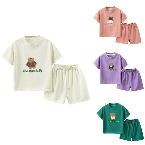 Fesfesfes Girls Clothing Childrens Short Sleeved Set Summer Korean Shorts T Shirt Childrens Summer Round Neck Top/Shirt Set