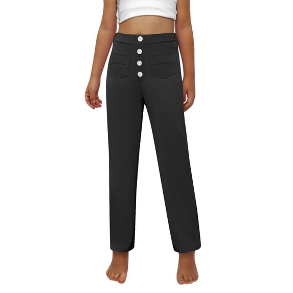 Fesfesfes Girls' Comfy Trousers Solid Color High-Waisted Button Zipper Closure Straight Pants Soft Fabric Partys Wearings for 7-16 Years(Black#4,5 Years)